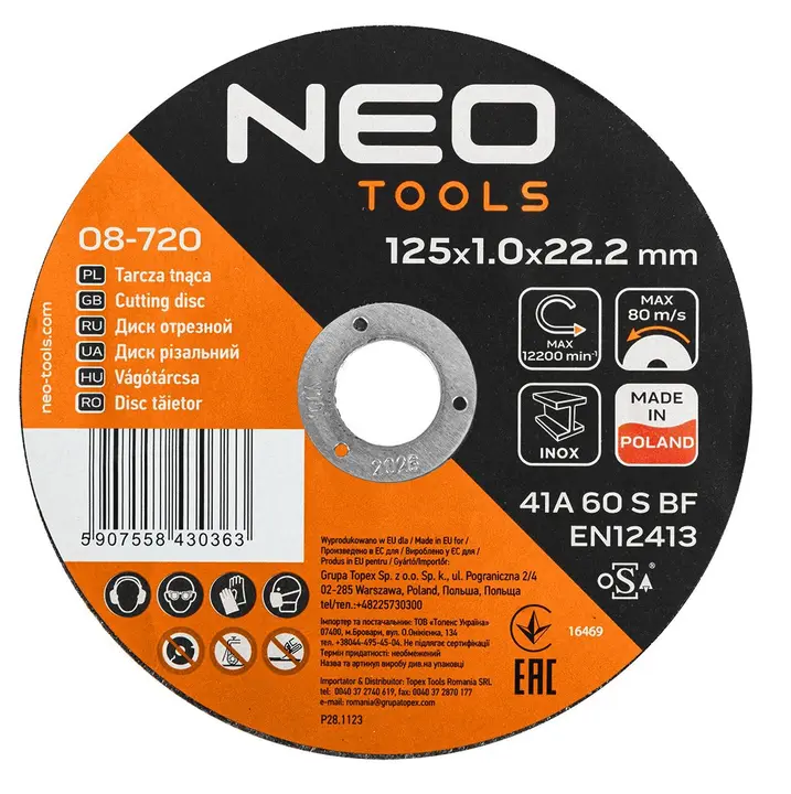 Metal/INOX kesme diskleri 125 x 1,0 x 22,2mm, 41 A60-S-BF, 100 adet, kova. Polonya üretimi