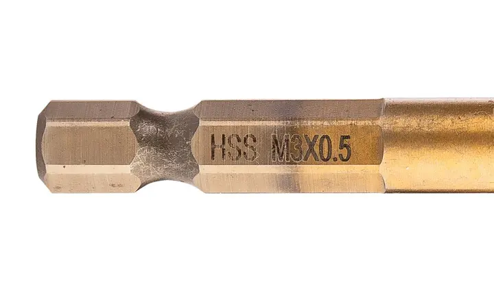 HSS TiN dişli matkap ucu, M3 x 0,5 mm, Hex