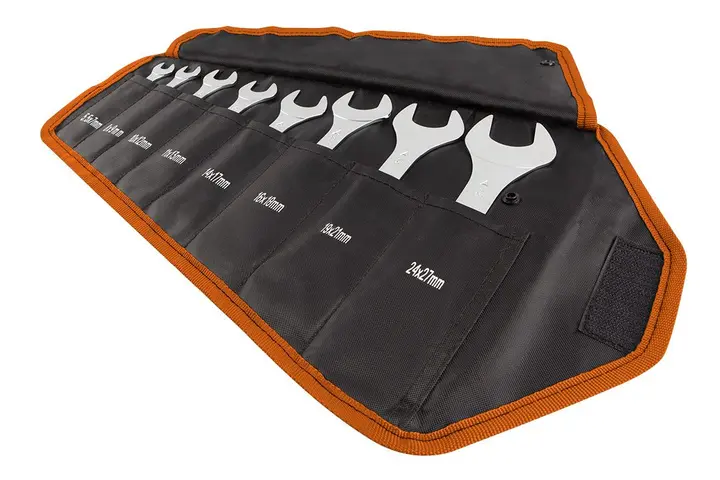 Düz çift taraflı anahtarlar, ekstra ince, 8 parçalık set, 5.5 - 27 mm, rulo kılıfta