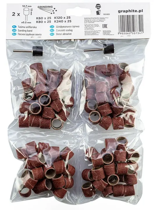 Zımpara bantları 12,7 mm, K60, K80, K120, K240, 100 parçalık set + sap 3,2 mm, 2 adet
