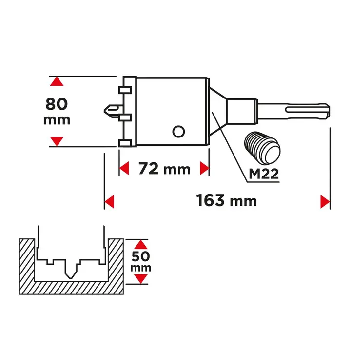 Karbür uçlu delik açma testeresi 80 mm, SDS+ adaptörlü ve kılavuz matkap uçlu