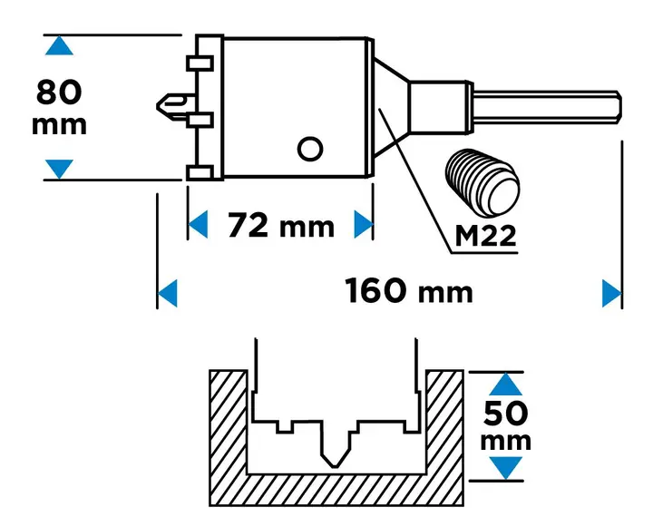 Karbür uçlu delik açma testeresi 80 mm, HEX adaptörlü ve kılavuz matkap uçlu