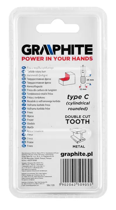Metal freze ucu HM, tip C (yuvarlatılmış silindirik), 12 x 25 mm, şaft 6 x 45 mm