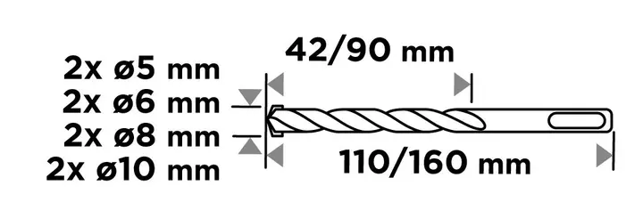 SDS Plus çift helisli beton matkap ucu seti 5, 6, 8, 10 x 110 mm, 5, 6, 8, 10 x 160 mm