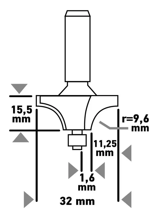Ahşap için rulmanlı dekoratif freze ucu, widia, 32 x 15.5 mm, sap 8 mm