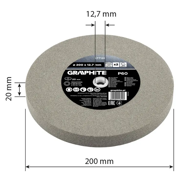 Taşlama taşları 200 x 20/16/12.7 x 20 mm, P60, 2 adet