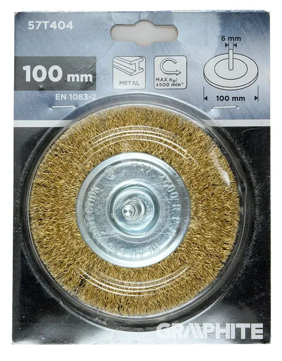 Tel çark fırça 100 mm, kıvrımlı tel, pirinç kaplı, 6 mm saplı