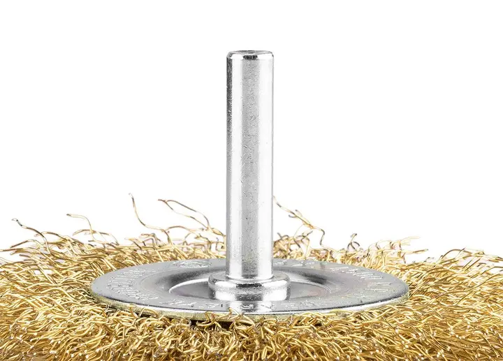 Tel çark fırça 80 mm, kıvrımlı tel, pirinç kaplı, 6 mm saplı