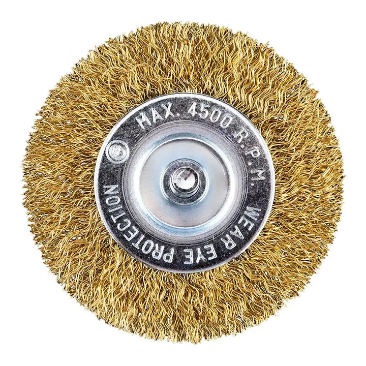 Tel çark fırça 80 mm, kıvrımlı tel, pirinç kaplı, 6 mm saplı