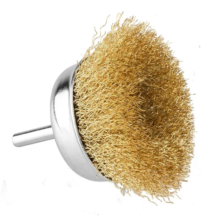 Çanak tel fırça 75 mm, kıvrımlı tel, pirinç kaplı, 6 mm saplı