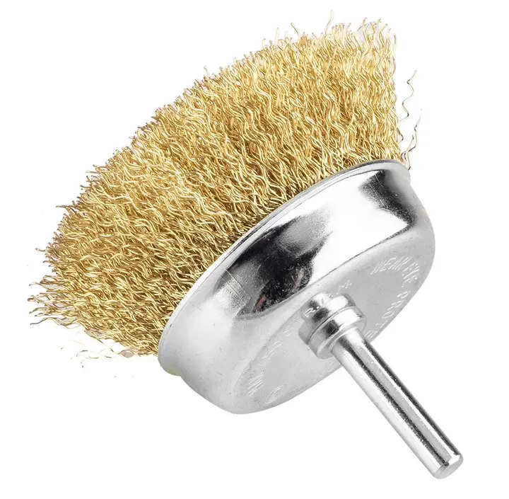 Çanak tel fırça 75 mm, kıvrımlı tel, pirinç kaplı, 6 mm saplı