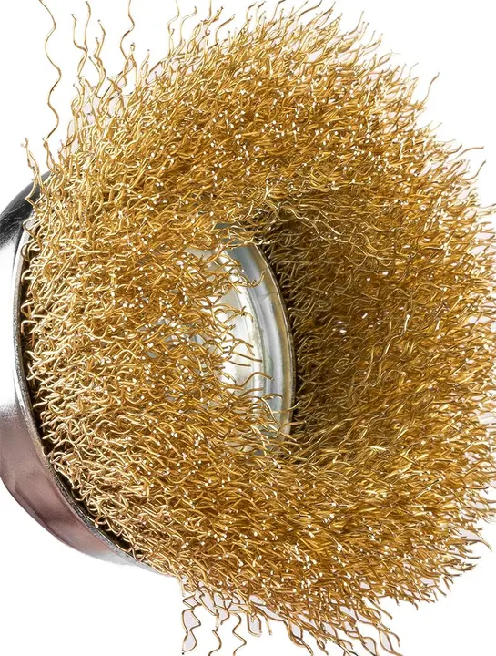 Çanak tel fırça 75 mm, kıvrımlı tel, pirinç kaplı, 6 mm saplı