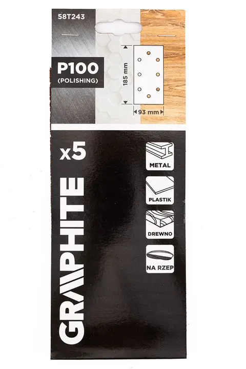 Zımpara kağıdı, cırt bantlı 93 x 185 mm, P100, 5 adet, 8 delikli