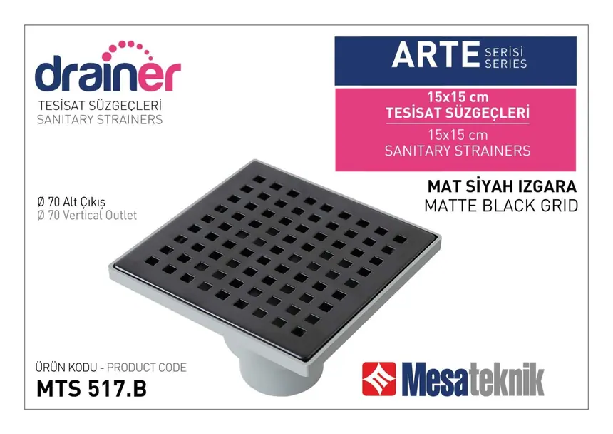 MTS 510B Arte Serisi 15 cm Tesisat Süzgeci Mat Siyah Izgara
