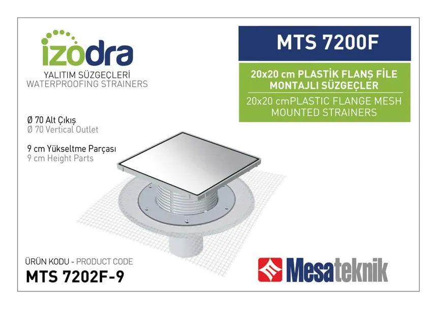 MTS 7200F Fileli Plastik Flanş Montajlı Süzgec Sistemleri 20 cm Kare
