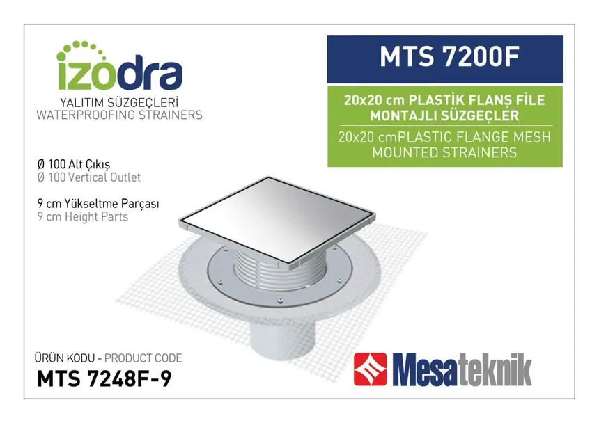 MTS 7200F Fileli Plastik Flanş Montajlı Süzgec Sistemleri 20 cm Kare