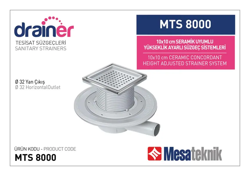 MTS 8000 10 cm Tile-Compatible Height Adjustable Drain Systems