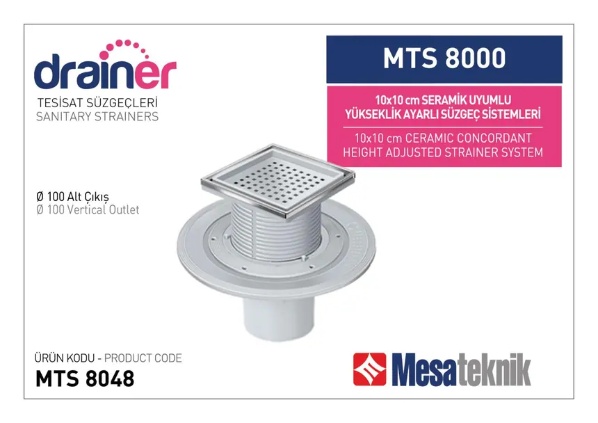 MTS 8000 10 cm Tile-Compatible Height Adjustable Drain Systems
